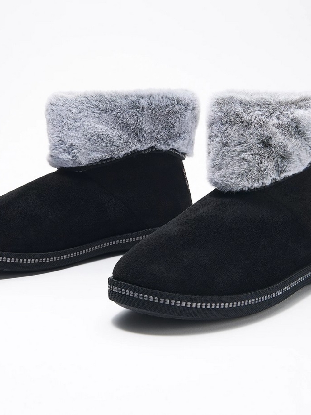 Skechers Black Suede-Look Slip-On Booties with Gray Faux-Fur Cuff